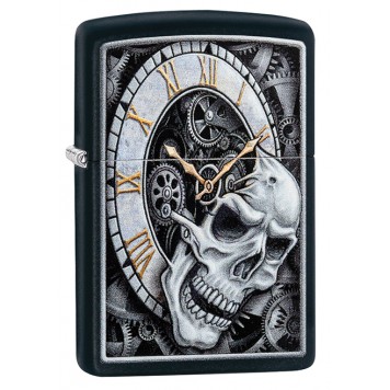 Зажигалка ZIPPO Skull Clock с покрытием Black Matte, латунь/сталь, чёрная, матовая, 38x13x57 мм