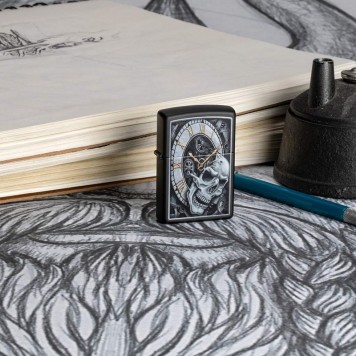 Зажигалка ZIPPO Skull Clock с покрытием Black Matte, латунь/сталь, чёрная, матовая, 38x13x57 мм-5