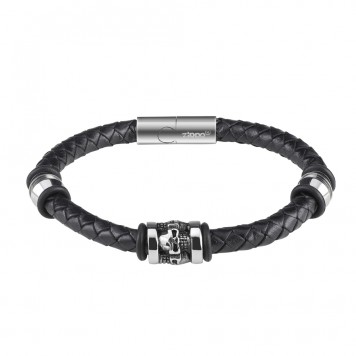 Браслет ZIPPO Three Charms Leather Bracelet, с шармами, чёрный, кожа/нержавеющая сталь, 20 см