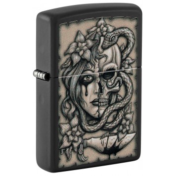 Зажигалка ZIPPO Gory Tattoo с покрытием Black Matte, латунь/сталь, черная, матовая, 38x13x57 мм