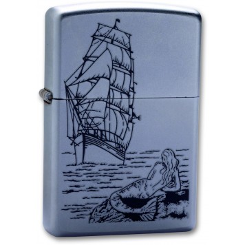 Зажигалка ZIPPO Mermaid, с покрытием Satin Chrome™, латунь/сталь, серебристая, матовая, 38x13x57 мм