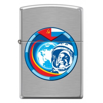Зажигалка ZIPPO Гагарин с покрытием Brushed Chrome, латунь/сталь, серебристая, матовая, 38x13x57 мм