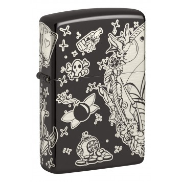 Зажигалка ZIPPO Pirates Treasure с покрытием High Polish Black, латунь/сталь, черная, 38x13x57 мм